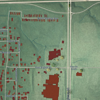 Second close-up of the map of Veedersburg, Indiana print showing more streets and buildings