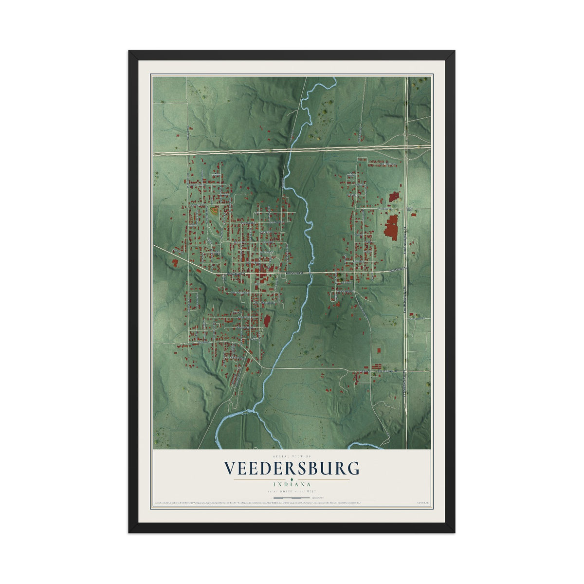 Map of Veedersburg, Indiana, 12 x 18 inch print in a black wood frame
