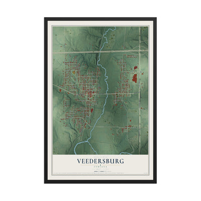 Map of Veedersburg, Indiana, 12 x 18 inch print in a black wood frame