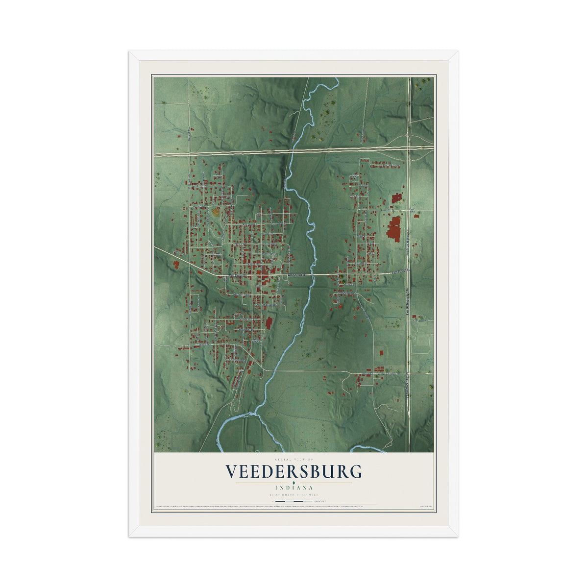 Map of Veedersburg, Indiana, 12 x 18 inch print in a white wood frame