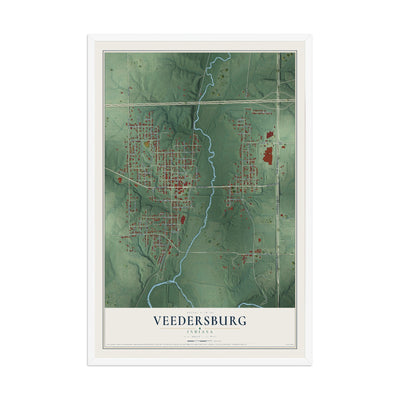 Map of Veedersburg, Indiana, 12 x 18 inch print in a white wood frame