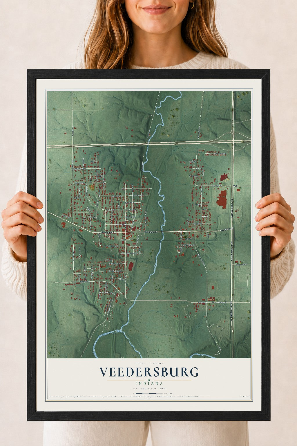 Map of Veedersburg, Indiana, 18 x 24 inch print in a black wood frame