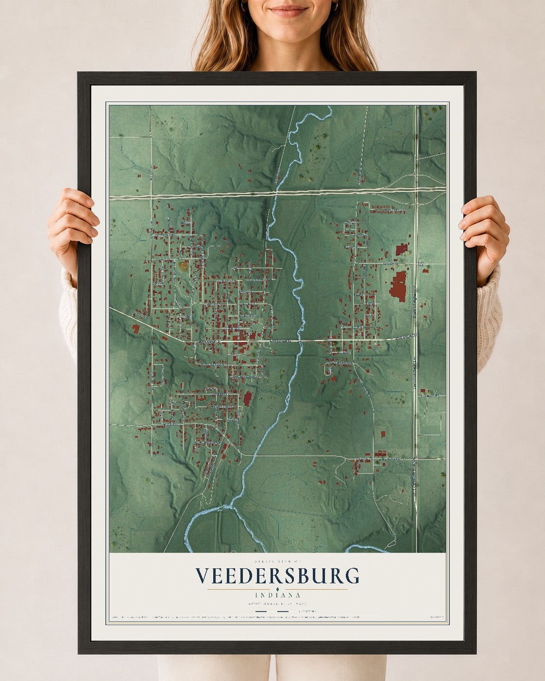 Map of Veedersburg, Indiana, 24 x 36 inch print in a black wood frame