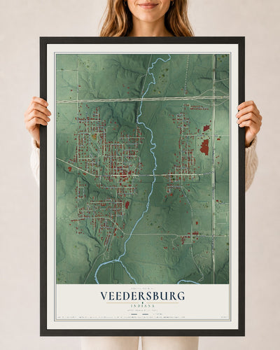 Map of Veedersburg, Indiana, 24 x 36 inch print in a black wood frame