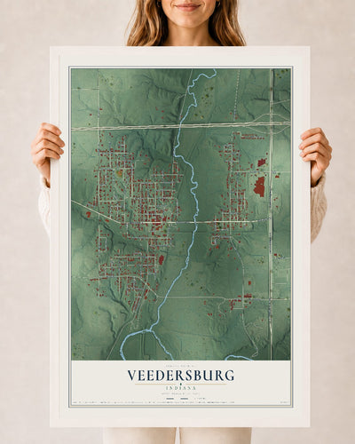 Map of Veedersburg, Indiana, 24 x 36 inch print in a white wood frame