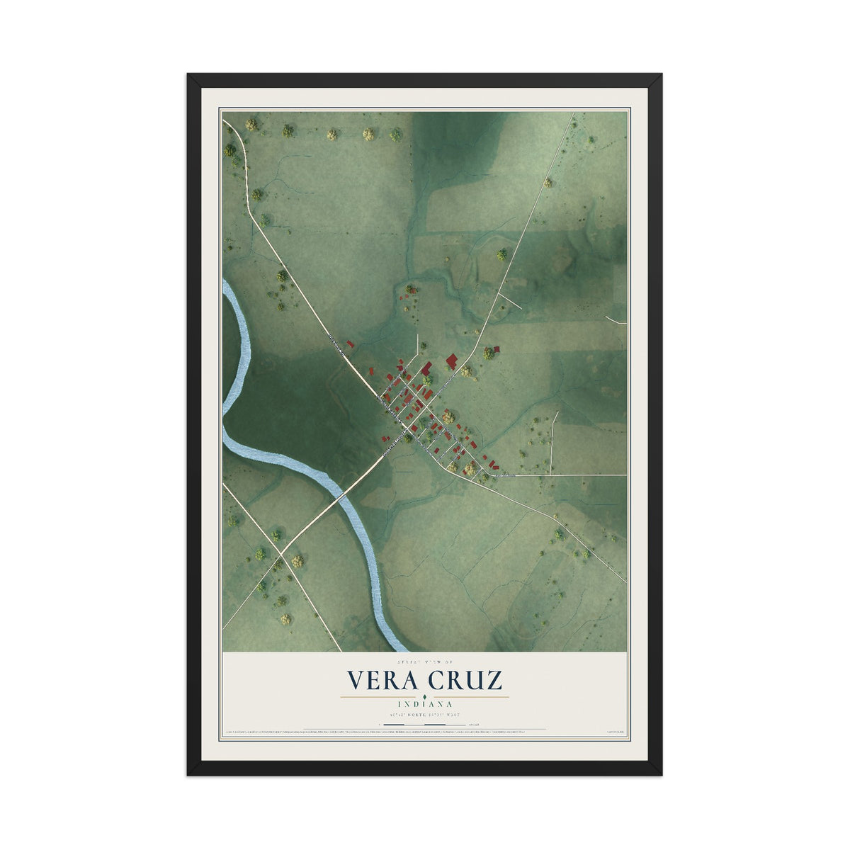 Map of Vera Cruz, Indiana, 12 x 18 inch print in a black wood frame