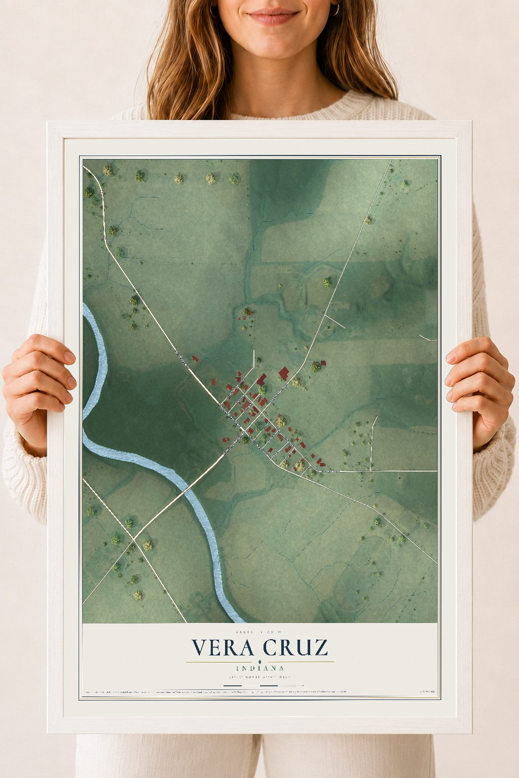 Map of Vera Cruz, Indiana, 18 x 24 inch print in a white wood frame