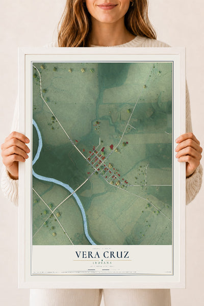 Map of Vera Cruz, Indiana, 18 x 24 inch print in a white wood frame