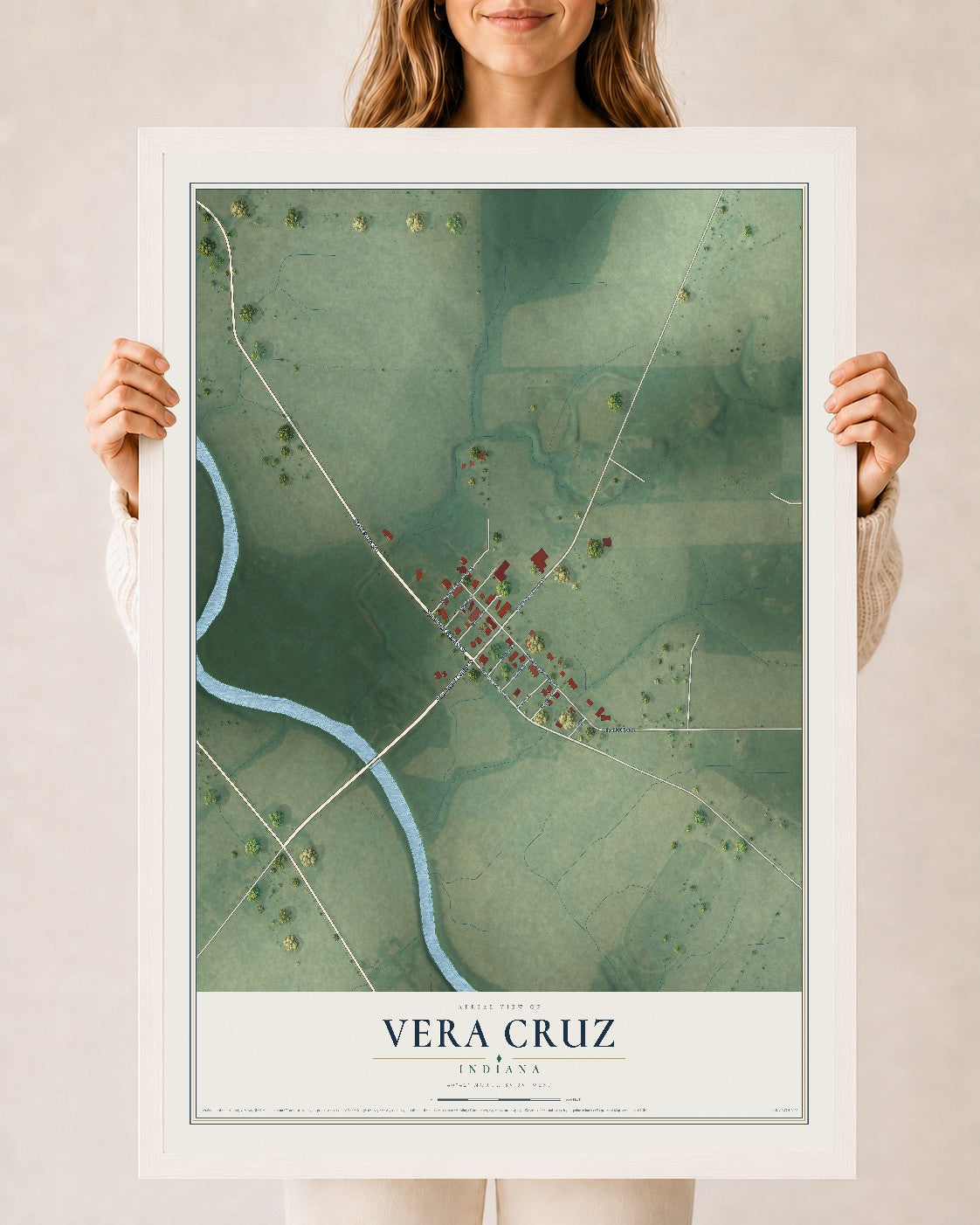 Map of Vera Cruz, Indiana, 24 x 36 inch print in a white wood frame