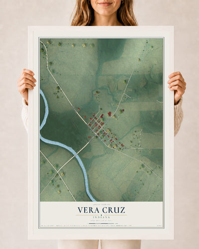Map of Vera Cruz, Indiana, 24 x 36 inch print in a white wood frame