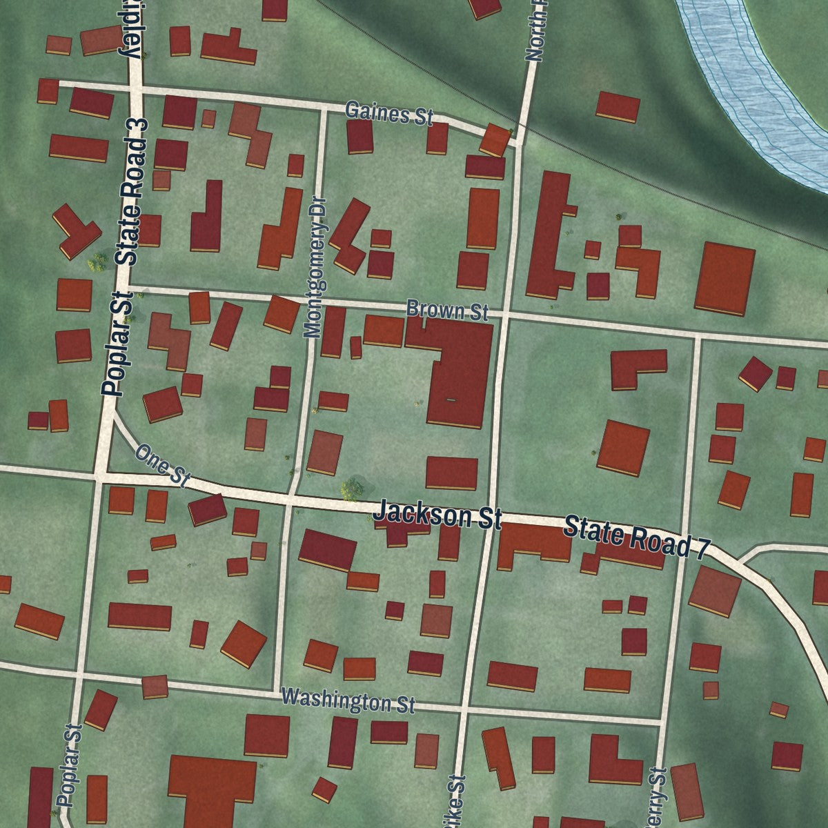 Close-up of the map of Vernon, Indiana print showing street and building detail