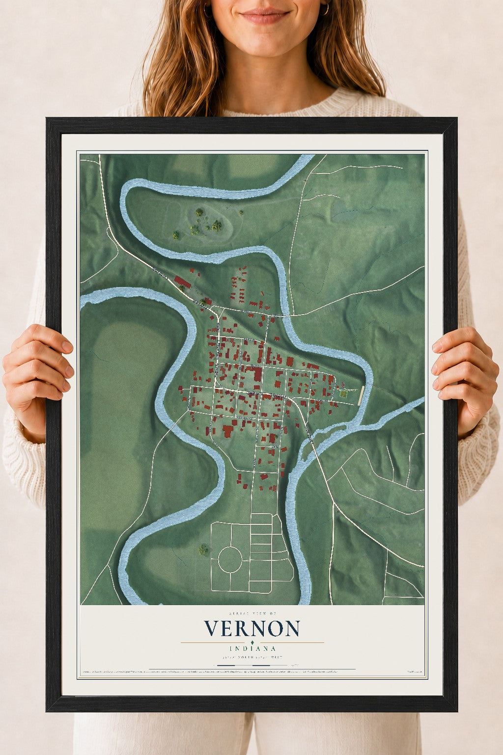 Map of Vernon, Indiana, 18 x 24 inch print in a black wood frame
