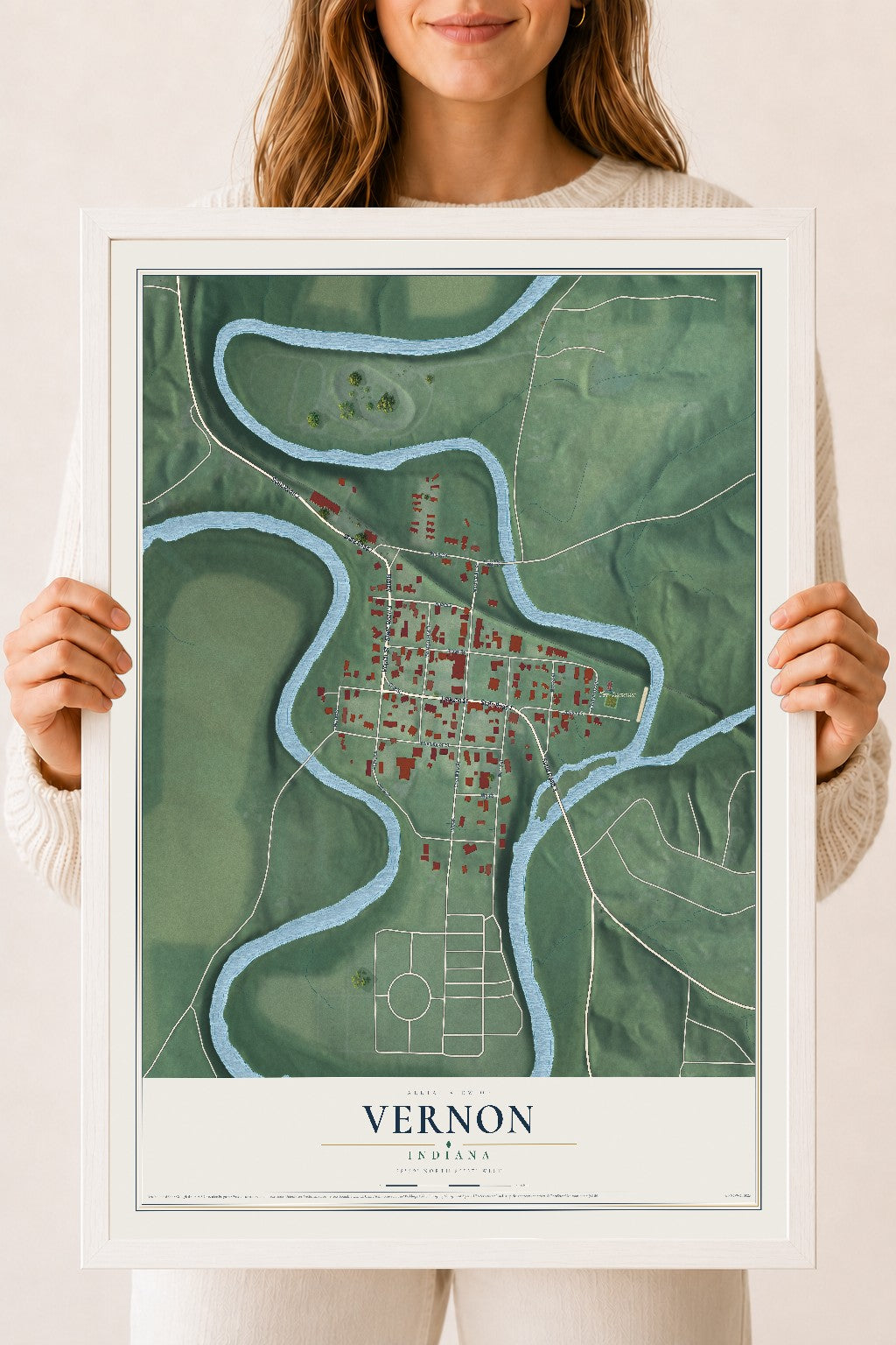 Map of Vernon, Indiana, 18 x 24 inch print in a white wood frame