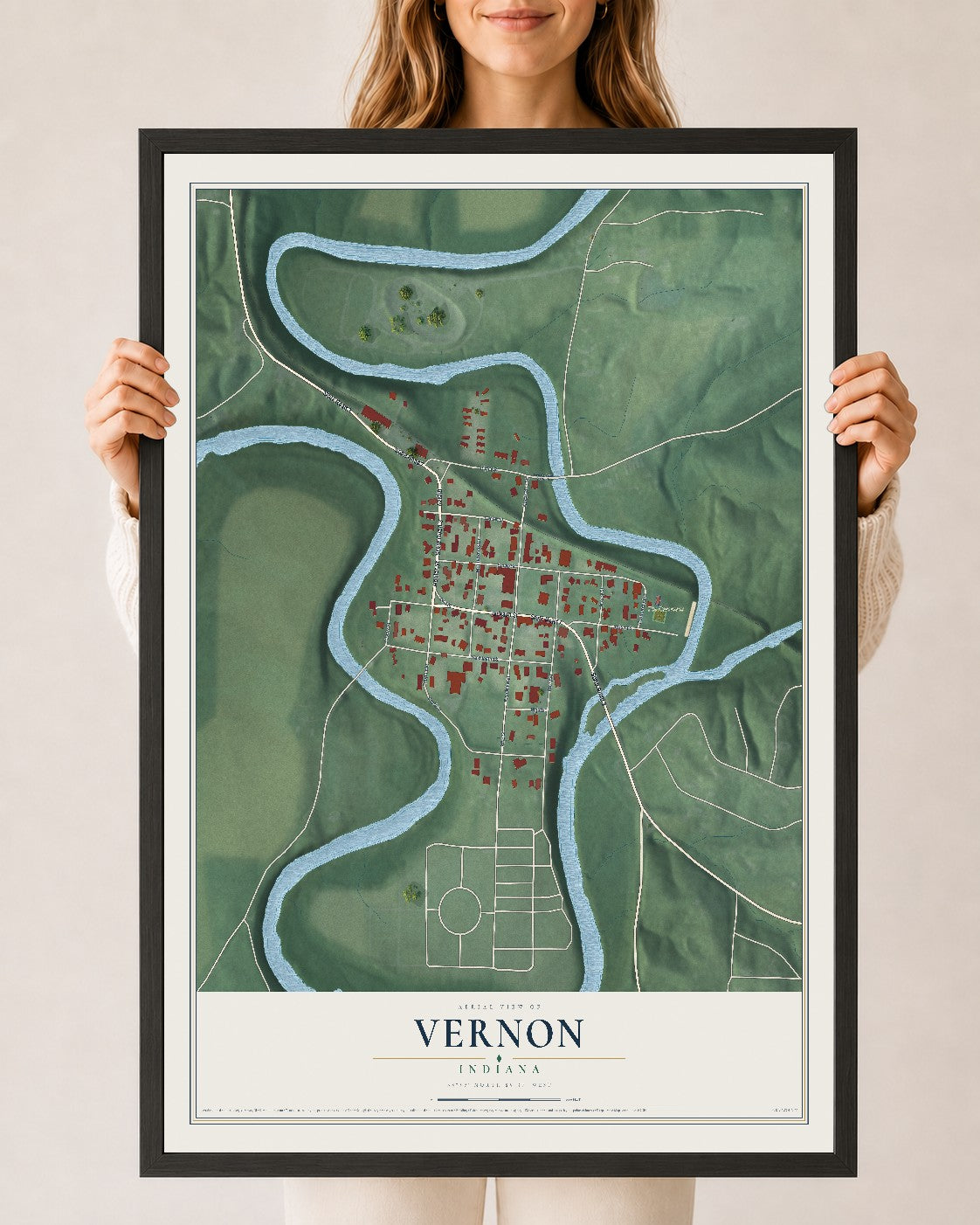 Map of Vernon, Indiana, 24 x 36 inch print in a black wood frame