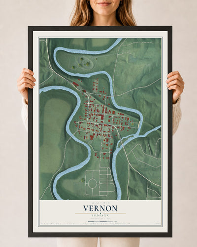 Map of Vernon, Indiana, 24 x 36 inch print in a black wood frame