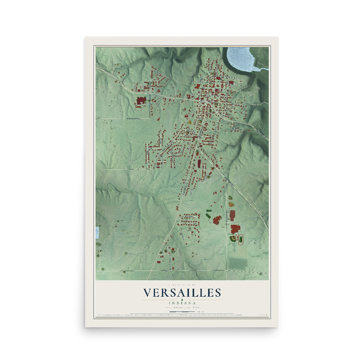 Map of Versailles, Indiana, 12 x 18 inch unframed archival matte print