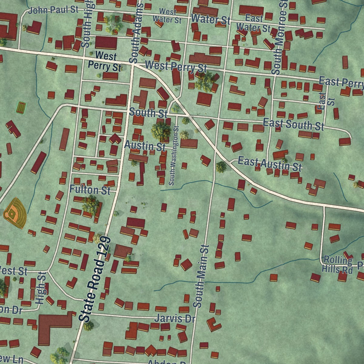 Close-up of the map of Versailles, Indiana print showing street and building detail