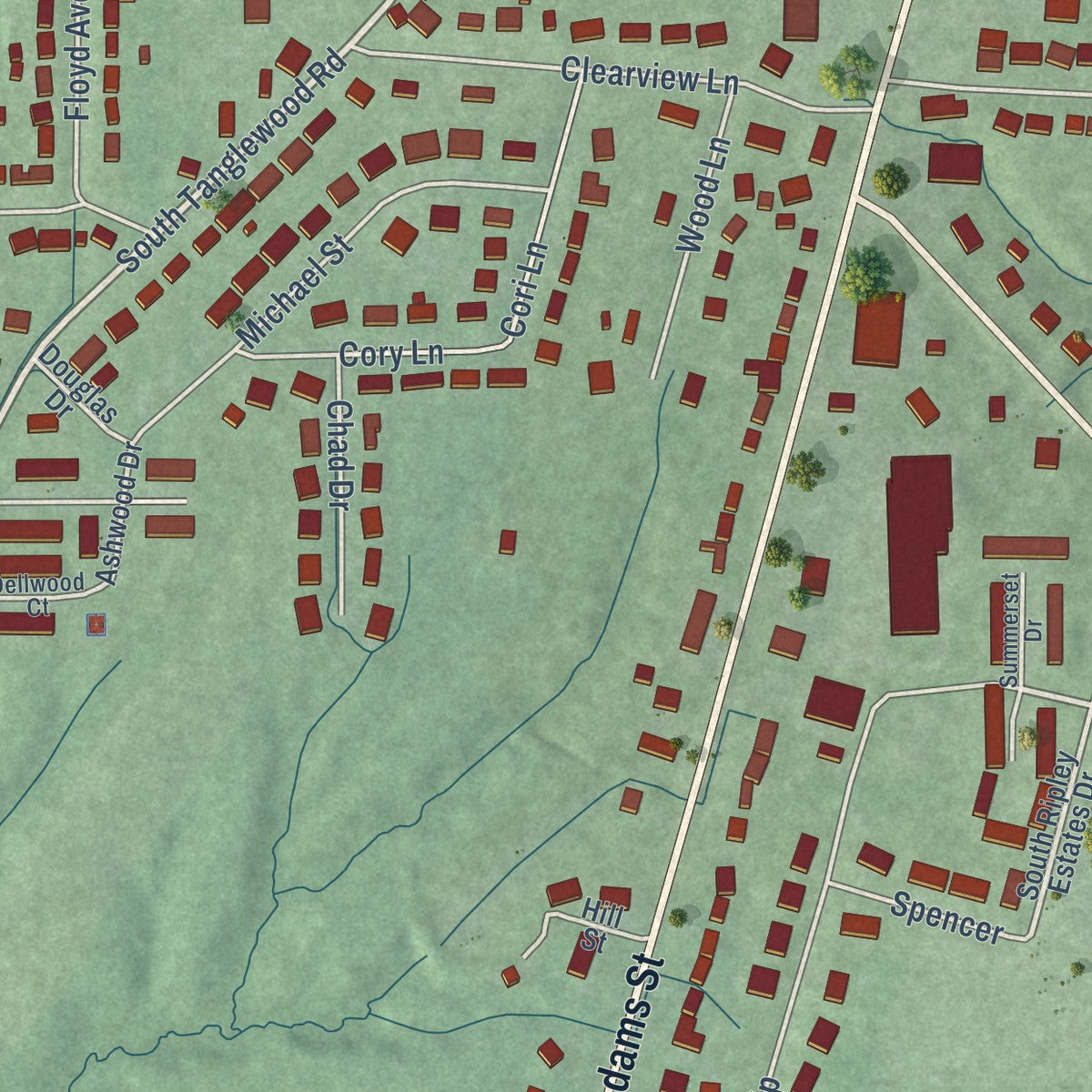 Second close-up of the map of Versailles, Indiana print showing more streets and buildings