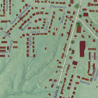 Second close-up of the map of Versailles, Indiana print showing more streets and buildings