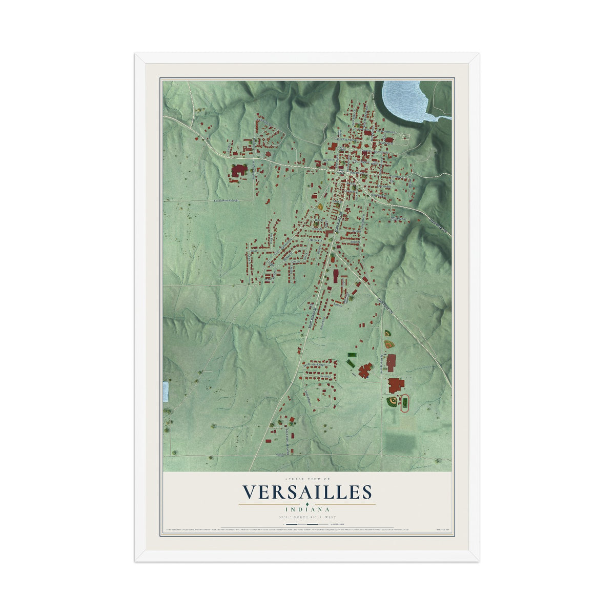 Map of Versailles, Indiana, 12 x 18 inch print in a white wood frame