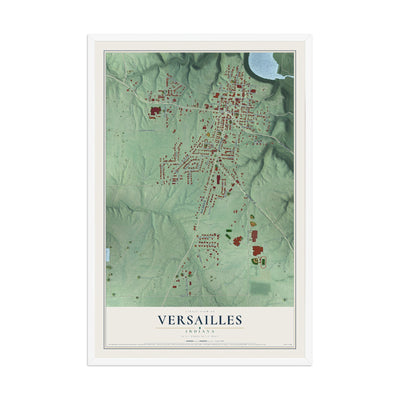 Map of Versailles, Indiana, 12 x 18 inch print in a white wood frame
