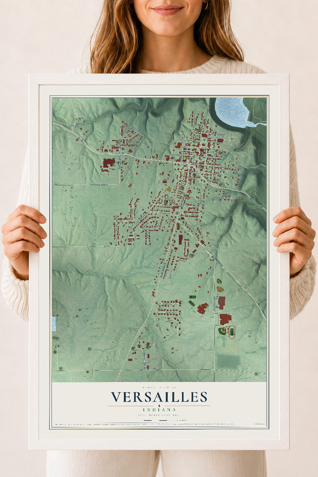 Map of Versailles, Indiana, 18 x 24 inch print in a white wood frame