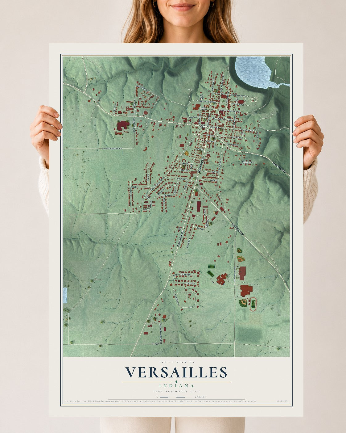 Map of Versailles, Indiana, 24 x 36 inch unframed archival matte print