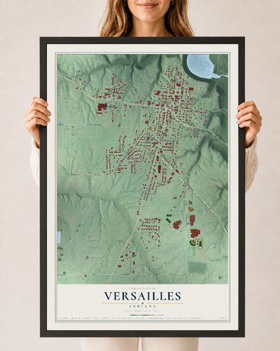Map of Versailles, Indiana, 24 x 36 inch print in a black wood frame