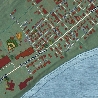 Close-up of the map of Vevay, Indiana print showing street and building detail