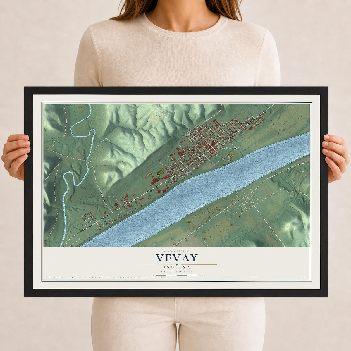 Map of Vevay, Indiana, 12 x 18 inch print in a black wood frame