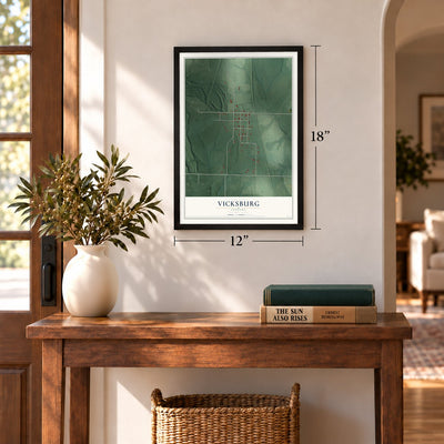 Vicksburg, Indiana map, 12 x 18 inch print in a black frame in an entryway