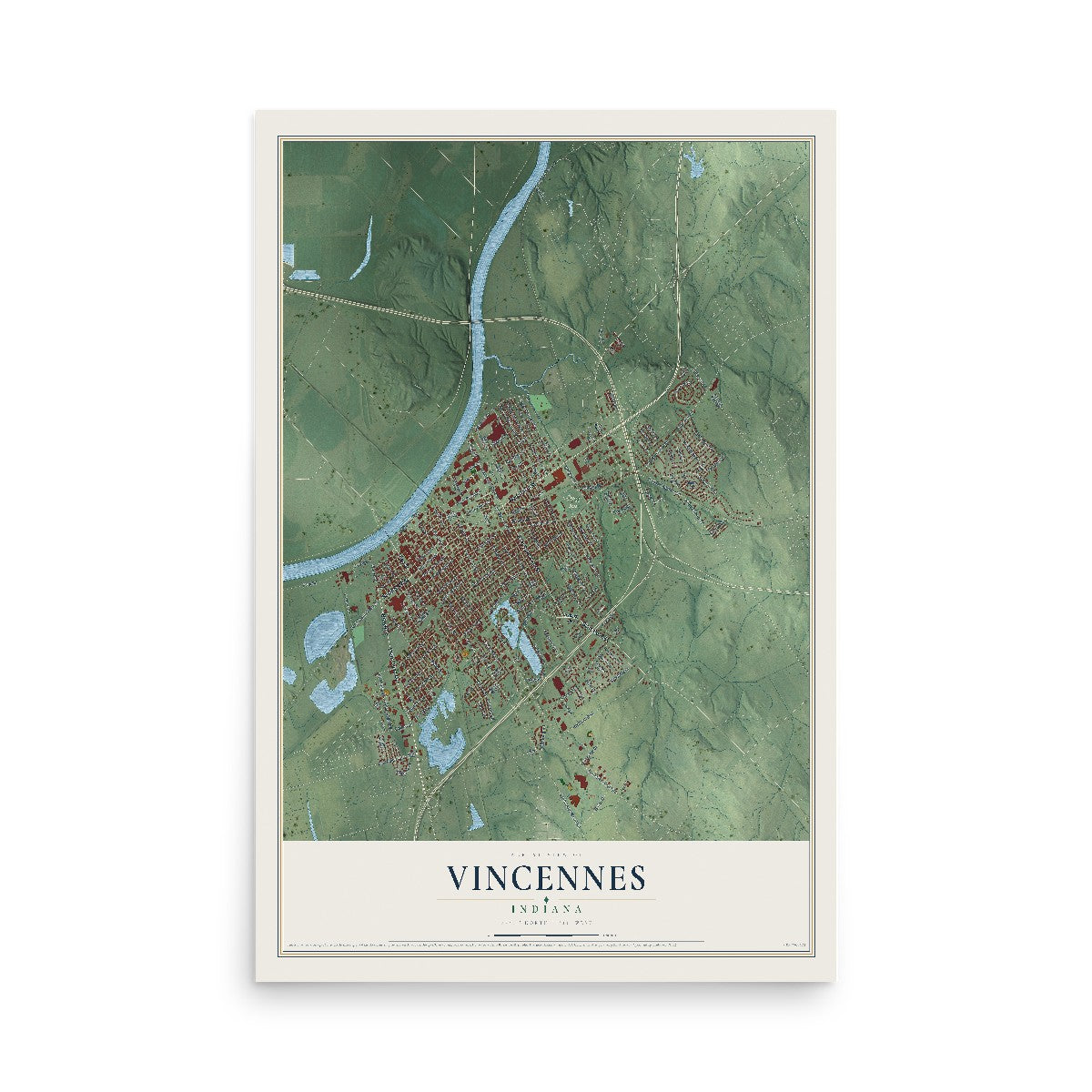 Map of Vincennes, Indiana, 12 x 18 inch unframed archival matte print