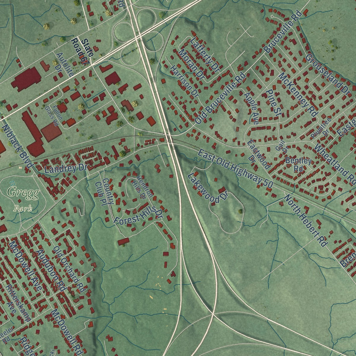 Second close-up of the map of Vincennes, Indiana print showing more streets and buildings
