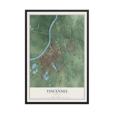 Map of Vincennes, Indiana, 12 x 18 inch print in a black wood frame