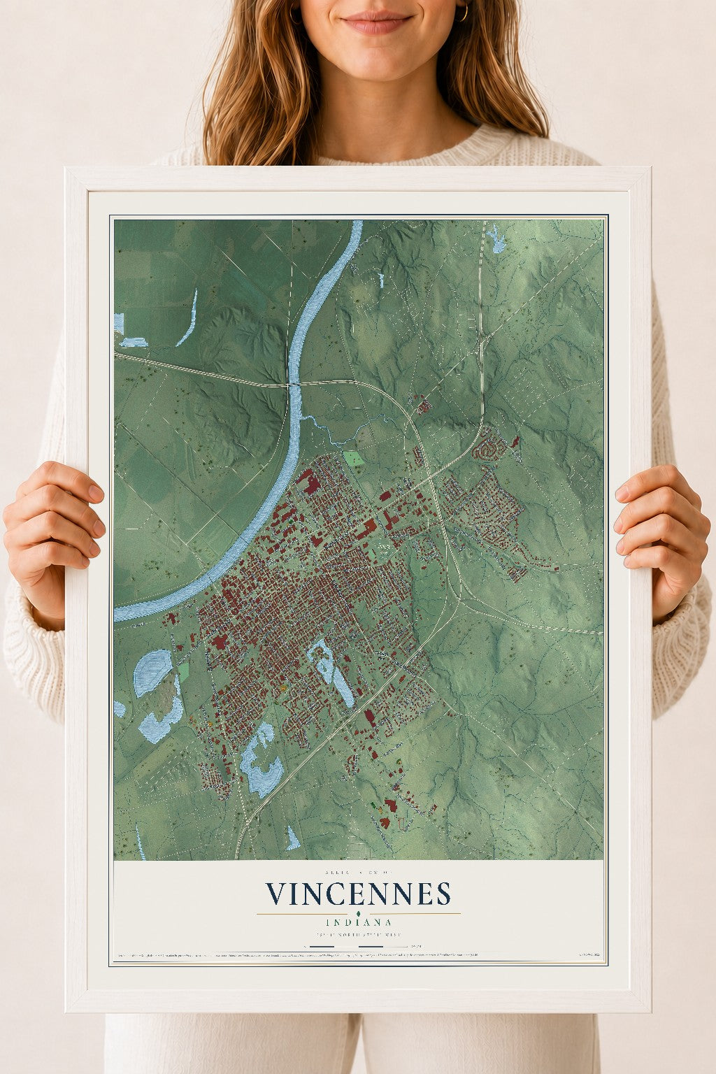 Map of Vincennes, Indiana, 18 x 24 inch print in a white wood frame