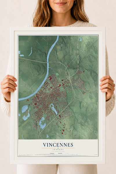 Map of Vincennes, Indiana, 18 x 24 inch print in a white wood frame