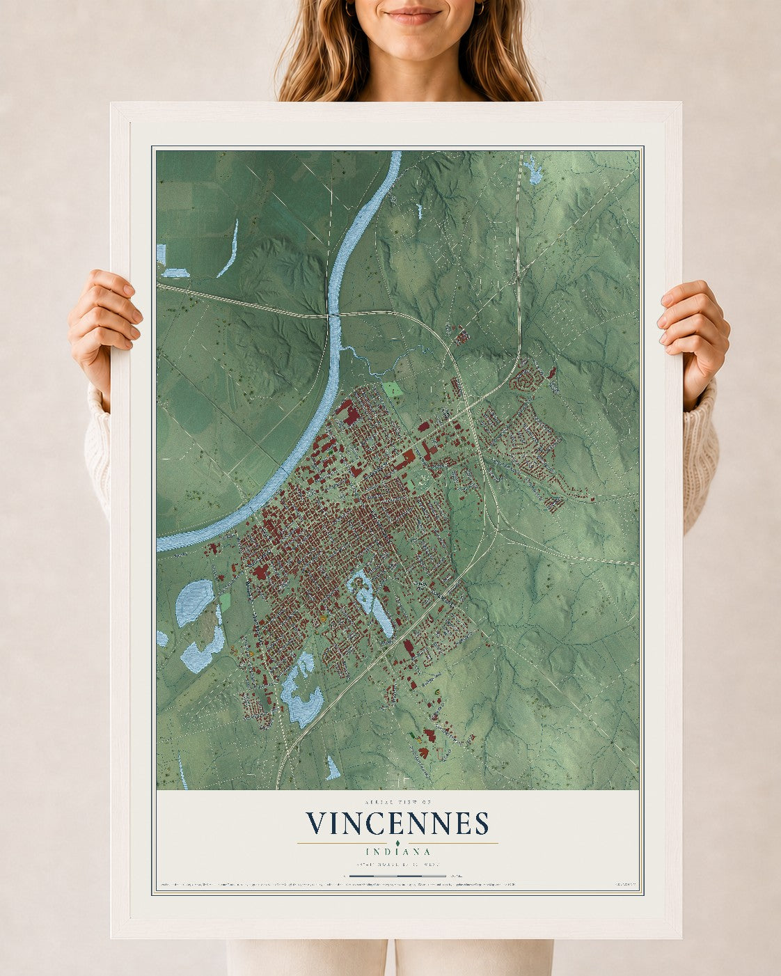 Map of Vincennes, Indiana, 24 x 36 inch print in a white wood frame