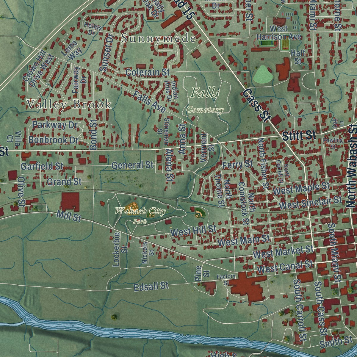 Close-up of the map of Wabash, Indiana print showing street and building detail