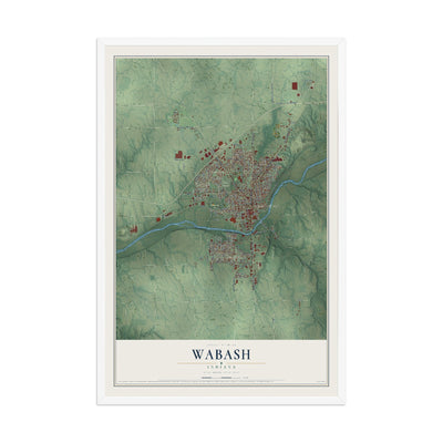 Map of Wabash, Indiana, 12 x 18 inch print in a white wood frame