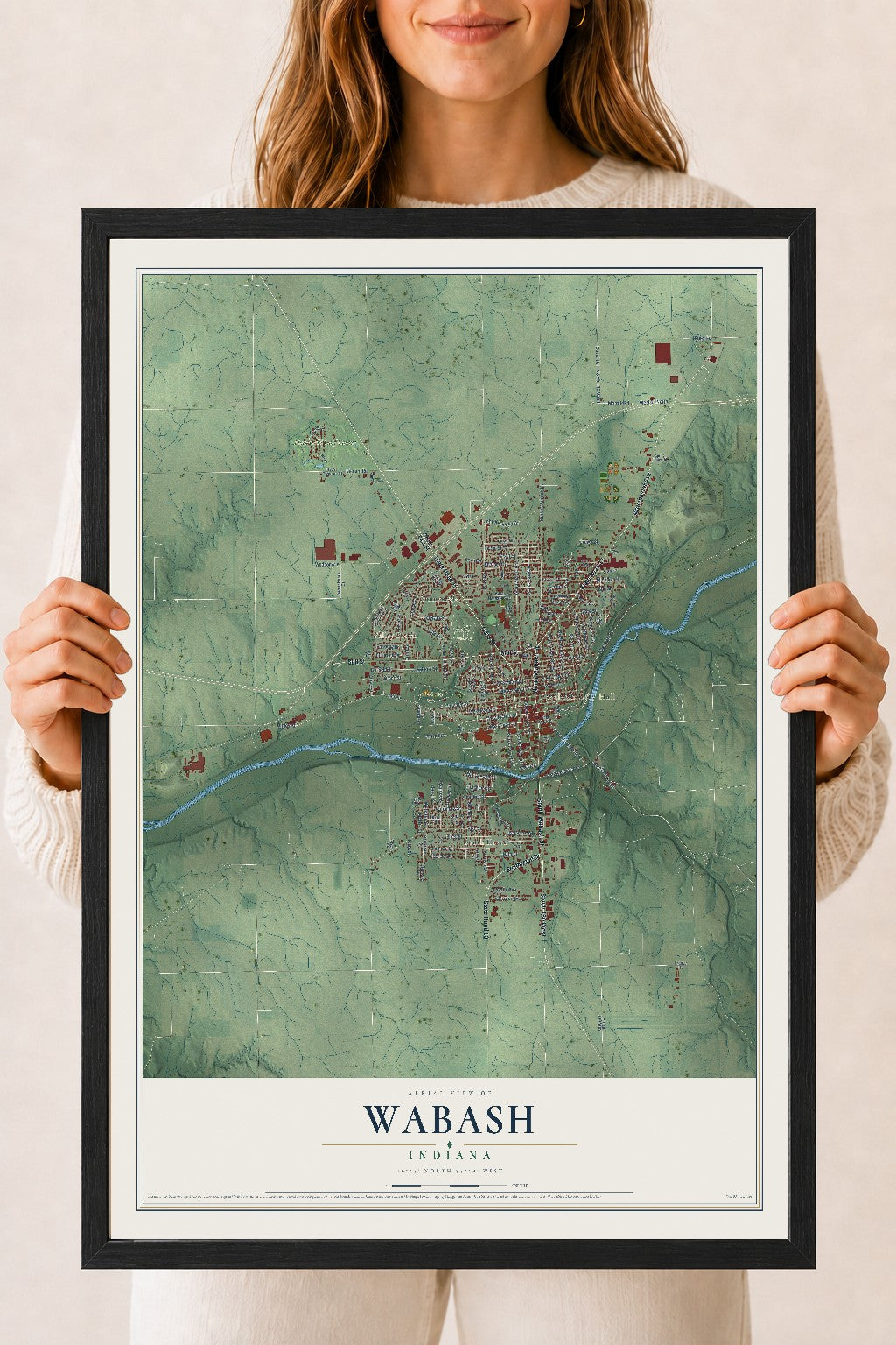Map of Wabash, Indiana, 18 x 24 inch print in a black wood frame