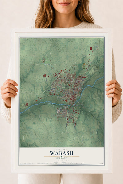 Map of Wabash, Indiana, 18 x 24 inch print in a white wood frame