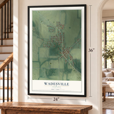 Wadesville, Indiana map, 24 x 36 inch print in a black frame by a staircase