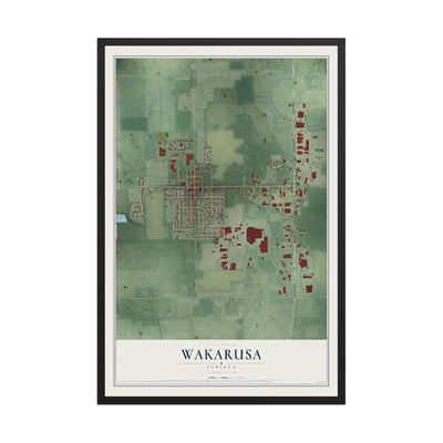 Map of Wakarusa, Indiana, 12 x 18 inch print in a black wood frame