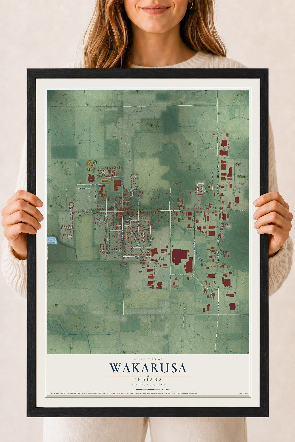 Map of Wakarusa, Indiana, 18 x 24 inch print in a black wood frame
