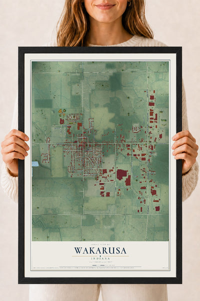 Map of Wakarusa, Indiana, 18 x 24 inch print in a black wood frame