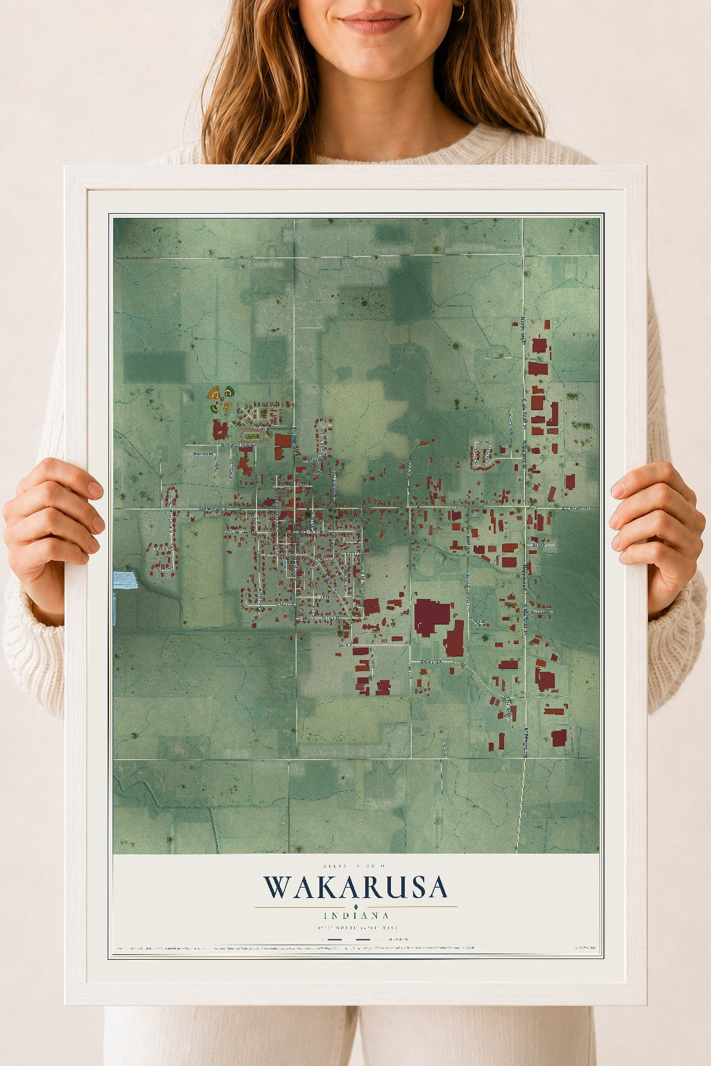 Map of Wakarusa, Indiana, 18 x 24 inch print in a white wood frame
