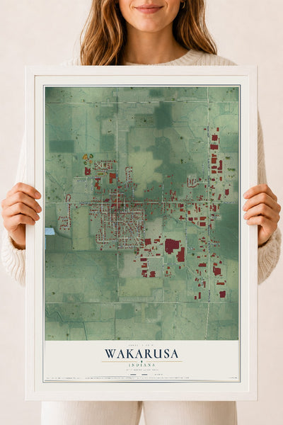 Map of Wakarusa, Indiana, 18 x 24 inch print in a white wood frame