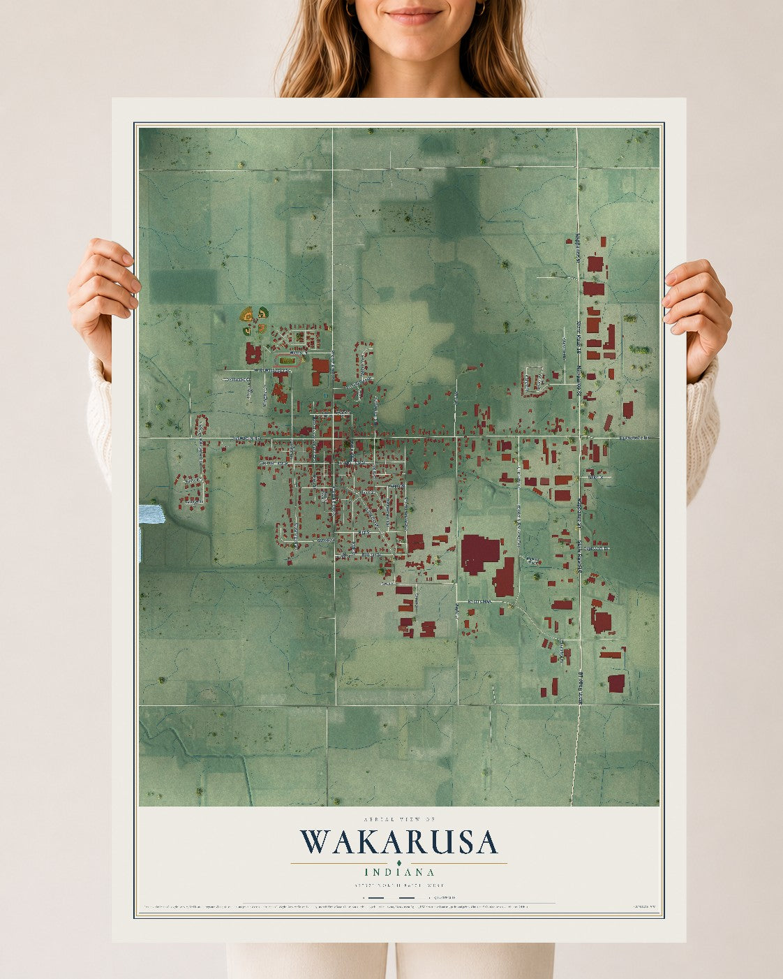 Map of Wakarusa, Indiana, 24 x 36 inch unframed archival matte print