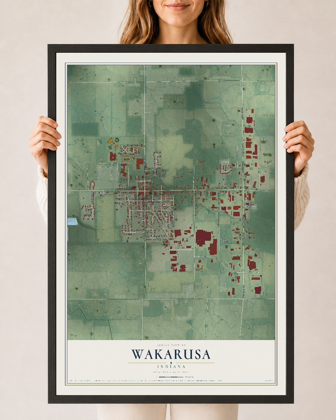 Map of Wakarusa, Indiana, 24 x 36 inch print in a black wood frame
