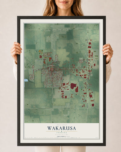 Map of Wakarusa, Indiana, 24 x 36 inch print in a black wood frame